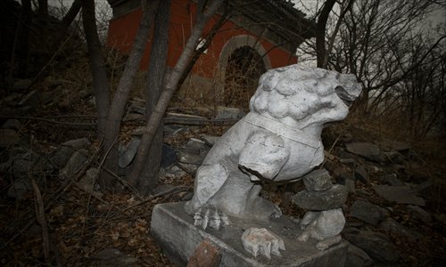 A stone lion missing limbs stands among ruins at the Fahai Temple, Haidian district. Surveillance cameras and a fence are to be erected to prevent relics from being damaged or looted. Photo: Li Hao/GT