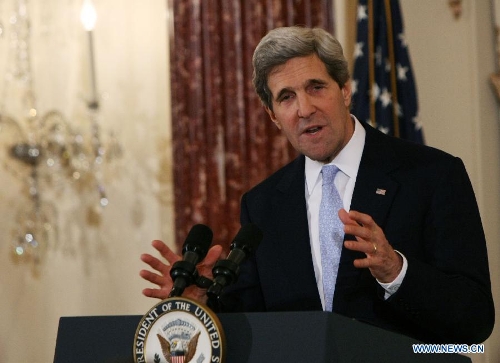 U.S. Secretary of State John Kerry delivers remarks after being sworn in by U.S. Vice President Joe Biden during a ceremonial event in Washington D.C., the United States, Feb. 6, 2013. (Xinhua/Fang Zhe) 