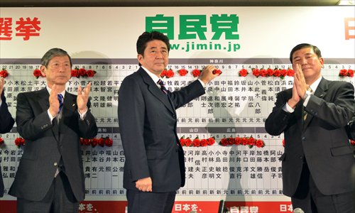 Japan's main opposition Liberal Democratic Party (LDP) Presidsent Shinzo Abe (center) puts rosettes by successful general electoral candidates' names on a board at the party headquarters in Tokyo on Sunday, while deputy president Masahiko Komura (left) and Secretary General Shigeru Ishiba (right) clap their hands. Japan's conservative opposition swept to victory in polls. Photo: AFP 