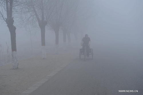  A person rides on a street in dense fog in Baoding, north China's Hebei Province, Jan. 12, 2013. Heavy fog hit many parts of Hebei Province on Saturday. The visibility was less than 200 meters in some areas. (Xinhua/Zhu Xudong)