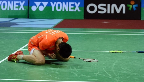 Liu Xiaolong from China celebrates after winning against Sung Hyun Ko and Yong Dae Lee of South Korea during the men's doubles final of the 2013 India Open badminton tournament in New Delhi, capital of India, April 28, 2013. Liu and Qiu won the championship by 2-0. (Xinhua/Partha Sarkar) 
