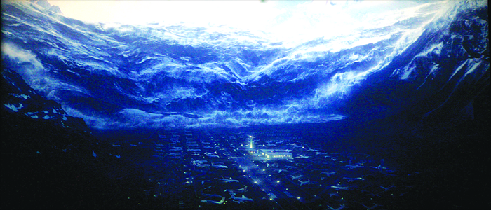 A gigantic tsunami prepares to crash down. A still from 2012, a disaster movie about the end of the world. Photo: CFP