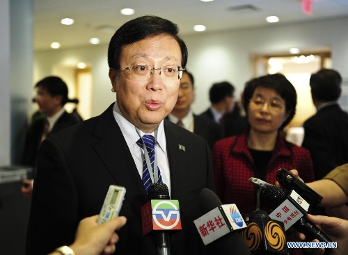 Chinese Vice Minister of Education Hao Ping is interviewed after the opening ceremony of the Second US-China State and Province Education Leaders Dialogue at Harvard University in Cambridge, Massachusetts, the United States, on April 8, 2013. Participants from China and the United States would have discussions on the education quality and under-achieving schools, as well as US-China partnerships and exchanges on education in the two-day dialogue. (Xinhua/Deng Jian) 