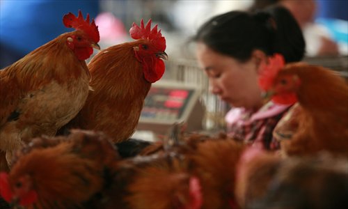 A vendor sells chickens at a market in Huaibei, Anhui Province. Four new cases of people being infected with the H7N9 virus were confirmed in Jiangsu Province on Tuesday, all in critical condition. Chinese health authorities reported three cases on Sunday, including two deaths. Photo: CFP