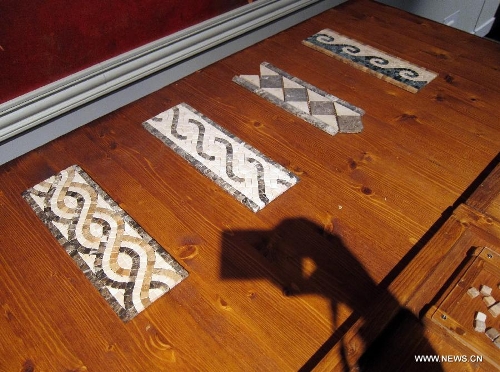  A visitor takes photo of the mosaic works of ancient Rome during an exhibition at Hong Kong Science Museum in south China's Hong Kong, Jan. 23, 2013. Exhibition 