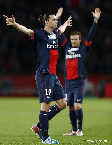 Paris Saint-Germain's Zlatan Ibrahimovic celebrates his second score during a French League 1 football match between Paris St Germain and Brest at Parc des Princes stadium in Paris on May 18, 2013. Paris Saint-Germain won 3-1. (Xinhua/Wang Lili)