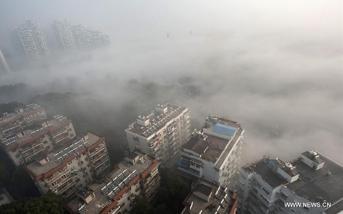 Buildings are seen amid dense fog in Wuhan City, capital of central China's Hubei Province, Jan. 12, 2013. (Xinhua/Cheng Min)&nbsp; 