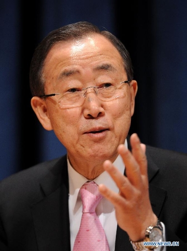 UN Secretary-General Ban Ki-moon speaks at his first press conference this year at the UN headquarters in New York, the United States, Jan. 22, 2013. Ban Ki-moon on Tuesday called for an innovative action to deal with the numerous challenges facing the world and to meet shared goals such as sustainable development, disarmament and conflict resolution. (Xinhua/Shen Hong) 