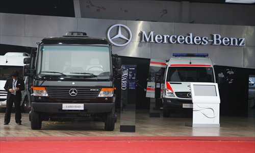 Mercedes-Benz vehicles on display at this year's Beijing Auto Show. Daimler AG's Mercedes-Benz said Tuesday that its passenger car sales in China rose 11 percent year-on-year to 105,200 units during the first half of this year. Photo: CFP