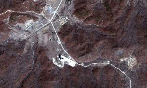 Undated file Google satellite photo shows the launch pad in Tongchang-ri base, Cholsan County, North Phyongan Province, the Democratic People's Republic of Korea (DPRK). Media reports said the Democratic People's Republic of Korea has launched an earth observation satellite on April 13, 2012. Photo: Xinhua