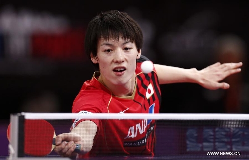 Matsudaira Kenta of Japan competes during men's singles round of 16 against Vladimir Samsonov of Belarus at the 2013 World Table Tennis Championships in Paris, France on May 18, 2013. Matsudaira Kenta won 4-3.(Xinhua/Wang Lili) 