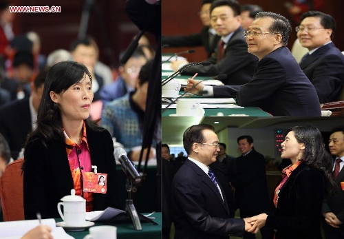 This combined photo shows Chinese Premier Wen Jiabao shakes hands with Tang Qunrong, a deputy to the 12th National People's Congress (NPC), after joining a discussion with deputies from southwest China's Sichuan Province, in Beijing, capital of China, March 6, 2013. By the end of her presentation during the discussion, Tang, also an official of a grassroots organization of the Communist Party of China (CPC) in Sichuan, told the premier that the residents from the community she serves wished she could have a chance to shake hands with him. Wen positively responded her. (Xinhua/Lan Hongguang)