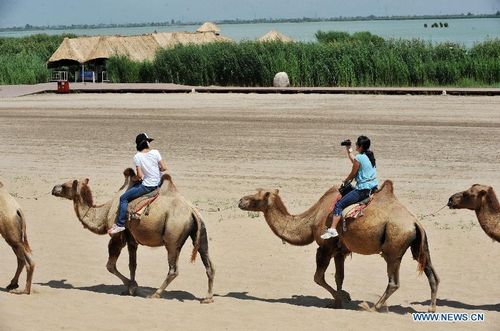 Tourists ride camels in the Sand Lake scenic area in Yinchuan, capital of Northwest China's Ningxia Hui Autonomous Region, July 13, 2012. China's total tourism revenues reached 1,280 billion yuan ($202 billion) in the first half of this year, 17.3 percent up compared to last year, according to figures of the National Tourism Administration. Photo: Xinhua