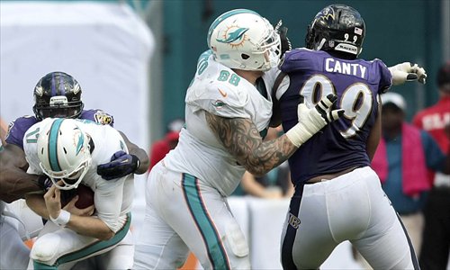 Main: Miami Dolphins' Richie Incognito (center) blocks Baltimore Ravens' Chris Canty (right) from trying to sack Ryan Tannehill (left) during their NFL game on October 6 in Miami. Photos: IC
