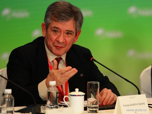 President of the European Foundation for Information Society Enrique Baron Crespo speaks during a roundtable discussion themed in 