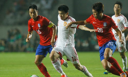 China's Sun Ke (No.14) competes for the ball with Yeom Ki-hun (left) and Hwang Seok-ho of South Korea during their match at the East Asian Cup on Wednesday. Photo: CFP