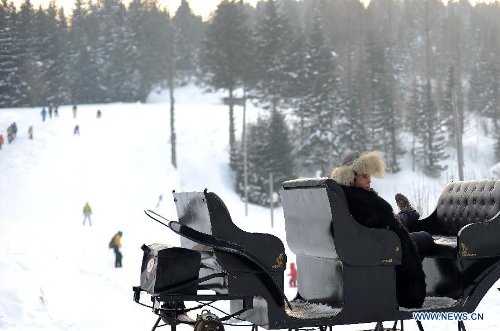 A coachman waits for tourists at the Shuangfeng Forest Farm in Mudanjiang City, northeast China's Heilongjiang Province, Feb. 2, 2013. The Shuangfeng Forest Farm, located in an intersection of two mountains, witnesses frequent snowfalls and is covered with snow for most of the year. (Xinhua/Jin Liangkuai) 