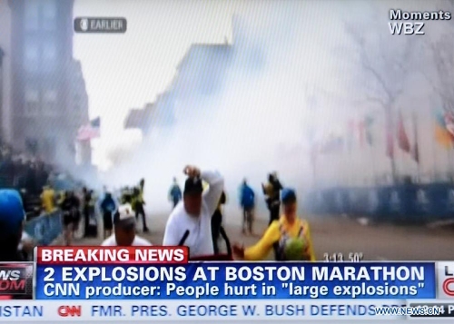 Video grab of CNN taken on April 15, 2013 shows explosions happened in Boston, the United States. Two explosions occurred near the Boston Marathon finish line, at least 6 people injured, local media reported. (Xinhua/Wang Lei)