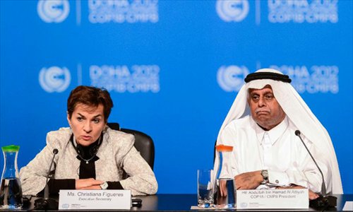 H.E. Abdullah Bin Hamad Al Attiyah (R), president of the 18th Conference of the Parties (COP18) to the United Nations Framework Convention on Climate Change (UNFCCC), and UNFCCC Executive Secretary Christiana Figueres attend a joint press conference at the Qatar National Convention Center (QNCC) in Doha, Qatar, December 8, 2012. UN climate talks in Doha adopted Saturday a package of drafts of low-ambitious second period of Kyoto Protocol and weak commitment on climate finance after overnight negotiations on differences between developed and developing countries. Photo: Xinhua