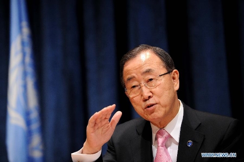 UN Secretary-General Ban Ki-moon speaks at his first press conference this year at the UN headquarters in New York, the United States, Jan. 22, 2013. Ban Ki-moon on Tuesday called for an innovative action to deal with the numerous challenges facing the world and to meet shared goals such as sustainable development, disarmament and conflict resolution. (Xinhua/Shen Hong) 
