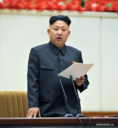 This photo provided by KCNA on Jan. 29, 2013 shows Kim Jong Un, first secretary of the Workers' Party of Korea (WPK) delivers an opening speech at the Fourth Meeting of Secretaries of Cells of the WPK in Pyongyang, the Democratic People's Republic of Korea (DPRK), on Jan. 28, 2013. The grassroots leaders' meeting of the WPK, which opened Monday, was attended by around 10,000 cadres from across the country, the official KCNA news agency reported Tuesday. (Xinhua/KCNA) 