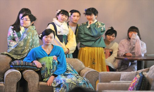 A group of women wearing  traditional Chinese outfits participate in a match-making party in Nanjing, Jiangsu Province on Sunday. Photo: CFP