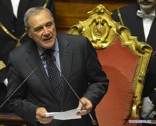 Pietro Grasso, the newly-elected speaker of Italy's Senate, gives a speech in Rome, Italy, on March 16, 2013. Italy's new parliament on Saturday elected the speakers of the Chamber of Deputies and of the Senate, ending a two-day session on its second official day as the country's legislative body. (Xinhua/Alberto lingria) 