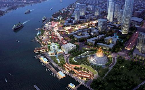 Photo taken on August 6, 2012 shows a design sketch of Oriental DreamWorks at night in Shanghai, East China's municipality. The construction of Oriental DreamWorks, a joint venture set up by DreamWorks Animation and Chinese partner, will start in Xuhui district on the west bank of the Huangpu River on August 7, 2012. Oriental DreamWorks will be the flagship company at a new media center for film, TV production and digital entertaiment. Photo: Xinhua