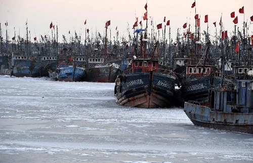 Hundreds of fishing boats are seen at a harbor in Jinzhou New District, Dalian City, northeast China's Liaoning Province, Jan. 17, 2013. The floating ice covers 5,429 square kilometers of Bohai Sea and 5,808 square kilometers of northern Yellow Sea, the National Marine Forecasting Station reported on Thursday. (Xinhua/Liu Debin) 