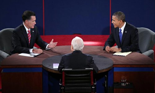 US President Barack Obama (R) and Republican presidential candidate Mitt Romney attend the final presidential debate on foreign policy at Lynn University in Boca Raton, Florida, on October 22, 2012. Photo: Xinhua