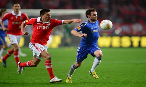 Juan Mata (right) of Chelsea tries to control the ball ahead of Benfica's Nicolas Gaitan on Wednesday. Photo: CFP