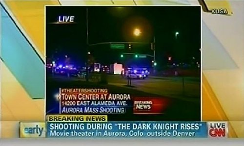 A TV grab taken from CNN shows the breaking news of the shooting happened in Denver, the United States, July 20, 2012. A gunman killed at least 14 people and injured 50 others early Friday at a cinema in Denver showing new Batman movie 