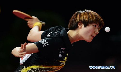 China's Ding Ning competes during the women's singles round of 16 against Park Seonghye of South Korea at the 2013 World Table Tennis Championships in Paris, France, on May 17, 2013. Ding won 4-0. Photo: Xinhua