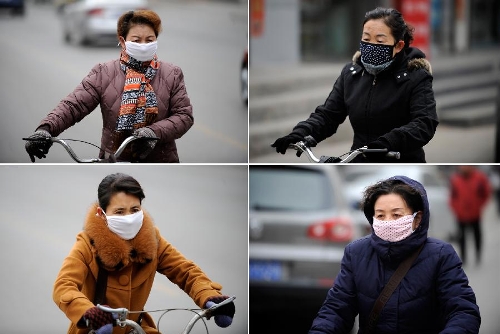  Combo photo shows citizens wearing face masks in fog-shrouded Yinchuan, capital of northwest China's Ningxia Hui Autonomous Region, Feb. 17, 2013. (Xinhua/Li Ran) 