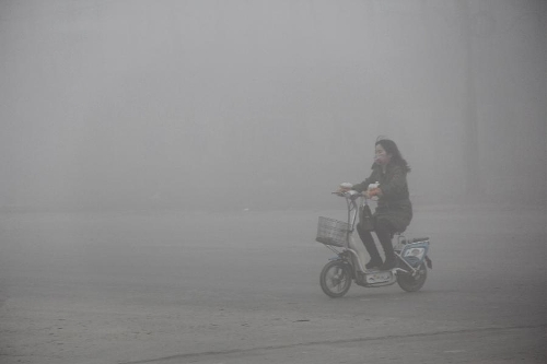 A woman ride in fog in Neihuang County of Anyang City, central China's Henan Province, Feb. 17, 2013. (Xinhua/Liu Xiaokun) 