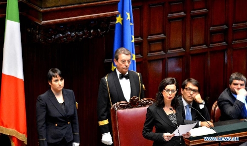 Laura Boldrini (Front), the newly-elected speaker of Italy's Chamber of Deputies, gives a speech in Rome, Italy, on March 16, 2013. Italy's new parliament on Saturday elected the speakers of the Chamber of Deputies and of the Senate, ending a two-day session on its second official day as the country's legislative body. (Xinhua/Xu Nizhi) Related:Italy elects parliament speakers, but alliances for gov't still unclearROME, March 16 (Xinhua) -- Italy's new parliament on Saturday elected the speakers of the Chamber of Deputies and of the Senate, ending a two-day session on its second official day as the country's legislative body.At the fourth round of voting for each of the equally powerful houses, lawmakers elected the two speakers both belonging to the center-left coalition, the most voted in last month's national elections.&nbsp;Full story&nbsp;