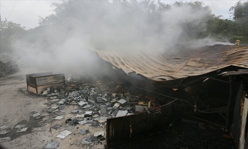 Sheds collapse after a fire in the Ta Kwu Ling landfill in Hong Kong on November 9. Photo: IC