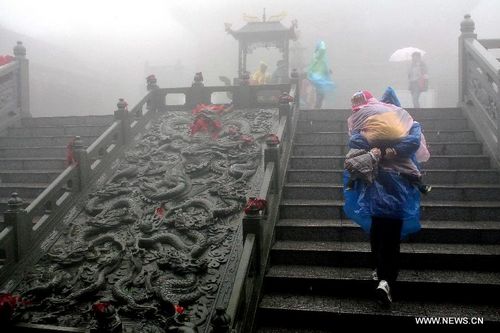 A visitor carrying a child climbs up a flight of stairs which lead to the Cheng'en Temple on the Fanjing Mountain, a natural scenic spot as well as a Buddhist sacred land, in Tongren, Southwest China's Guizhou Province, July 25, 2012. Photo: Xinhua