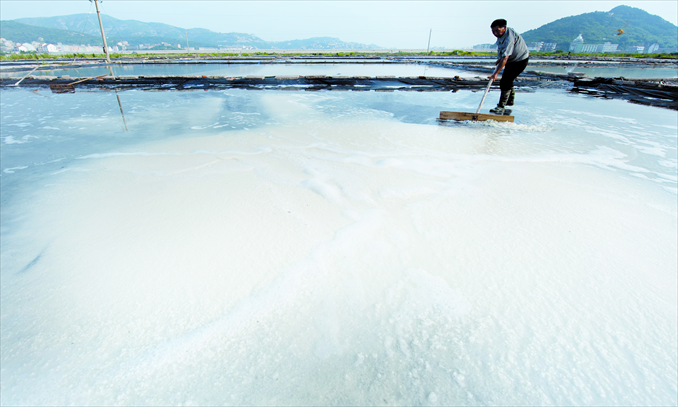 A worker breaks up salt crystals, so as to let the water below evaporate and more salt crystallize. Photo: CFP