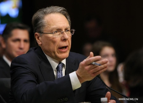 National Rifle Association (NRA) Vice President Wayne LaPierre speaks during the hearing for a Senate Judiciary Committee about gun control on Capitol Hill in Washington D.C., the United States, Jan. 30, 2013. (Xinhua/Fang Zhe) 