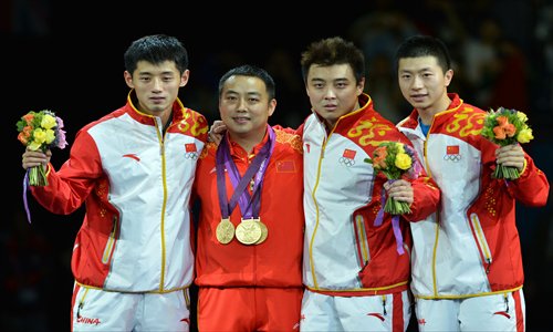 Inset: (from left) Zhang Jike, coach Liu Guoliang, Wang Hao and Ma Long on the podium. Photos: IC