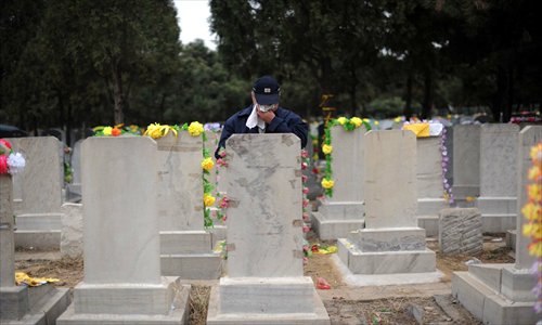 A resident pays tribute and weeps in front of a tombstone at the Babaoshan People's Cemetery in Beijing. Photo: CFP
