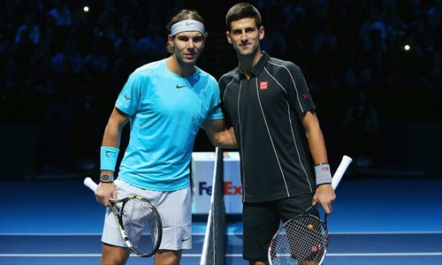 Rafael Nadal (left) of Spain and Novak Djokovic of Serbia pose prior to their men's singles final match at the ATP World Tour Finals at O2 Arena on Monday in London, England. Photo: CFP