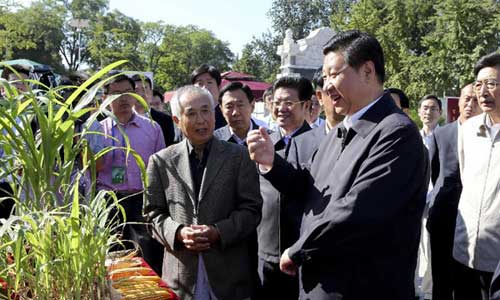 Chinese Vice President Xi Jinping (R, front) attends an activity to mark this year's National Science Popularization Day at China Agricultural University in Beijing on Saturday. Photo: Xinhua