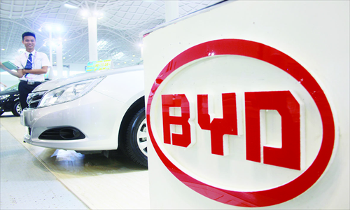 A BYD vehicle is exhibited at the 7th Hainan Daily Press Group 2013 Autumn Auto Show in Haikou, South China's Hainan Province on September 5. Photo : CFP