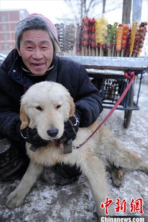 Big Yellow’s owner gives him a hug on the street. Photo: Chinanews.com 