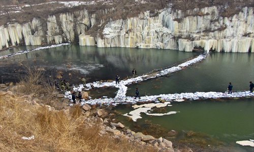Workers build a network of dams made of activated carbon to intercept aniline from flowing downstream at the border of Hebei, Henan and Shanxi provinces Monday, after some 9 tons of aniline was leaked from a chemical plant in Shanxi on December 31. Photo: CFP