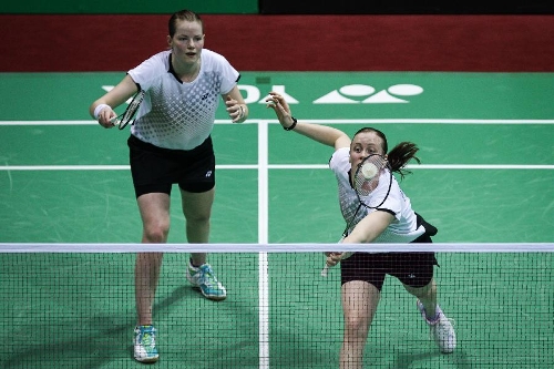 Christinna Petersen (R)and Kamilla Rytter Juhl of Denmark return a ball against Miyuki Maeda and Satoko Suetsuna of Japan during the women's doubles final of the 2013 India Open badminton tournament in New Delhi, capital of India, April 28, 2013. Miyuki Maeda and Satoko Suetsuna won the championship 2-1. (Xinhua/Zheng Huansong) 