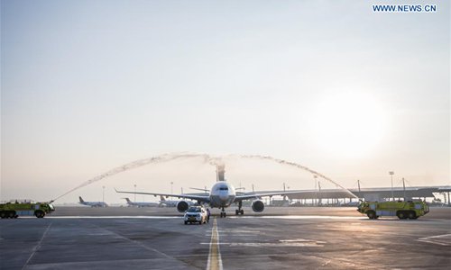 A Sichuan Airlines plane lands at Ben Gurion international airport near Tel Aviv, Israel, on Sept. 26, 2018. Sichuan Airlines on Wednesday launched the first direct flight to Israel from southwest China in a bid to meet rising passenger demand. The flight links Chengdu, capital of southwest China's Sichuan Province, with Tel Aviv, Israel's second-largest city, with a one-way flight taking about 10 hours. (Xinhua/Guo Yu)

