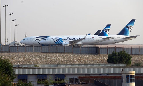 Photo taken on March 16, 2020 shows a plane of EgyptAir at the Cairo International Airport in Cairo, Egypt. (Xinhua/Ahmed Gomaa)